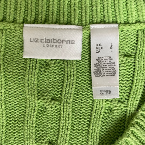 Vintage Liz Claiborne Green Cable Knit V-Neck Sweater Women's Size L - Picture 3 of 4